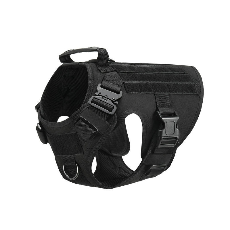 Adjustable pets herness from paetown store, heavy-duty black vest with tactical features and adjustable straps.