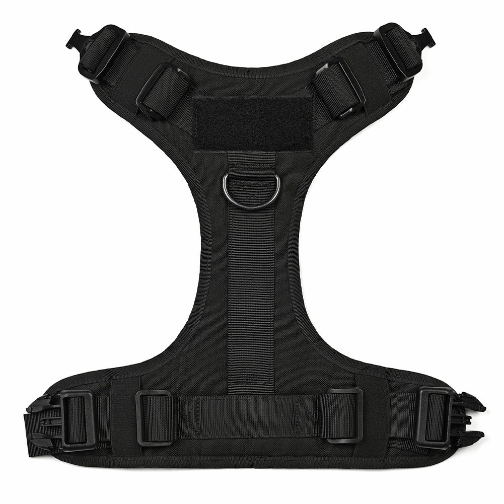 Adjustable pets herness from paetown store, black heavy-duty nylon harness with straps and buckles.