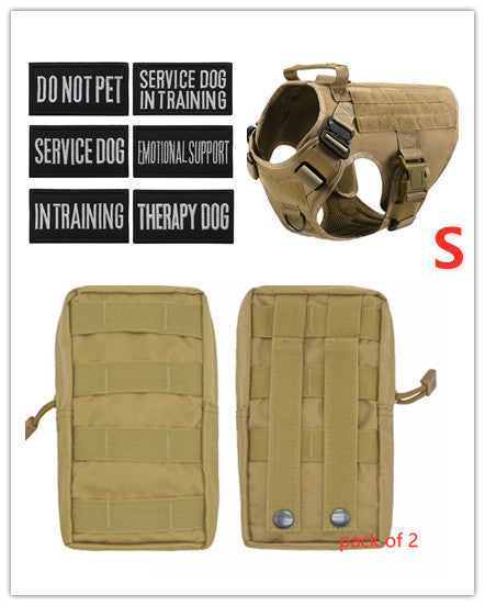 Adjustable pets herness from paetown store with patches and tactical equipment.