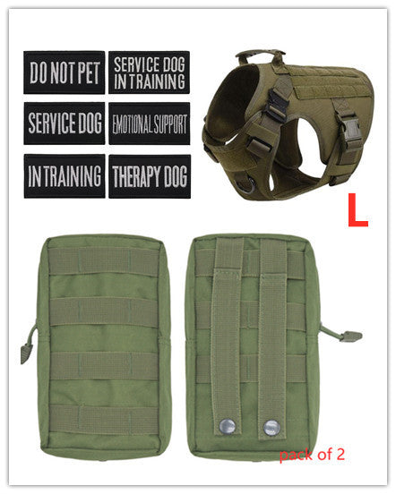 Adjustable pets herness from paetown store with service dog patches and tactical vest components.