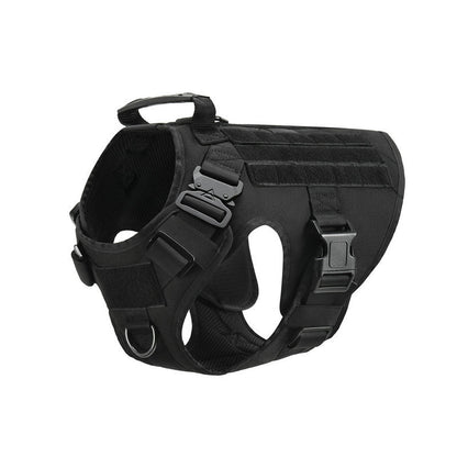 Adjustable pets herness from paetown store, heavy-duty black vest with tactical features and adjustable straps.