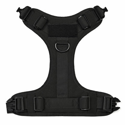 Adjustable pets herness from paetown store, black heavy-duty nylon harness with straps and buckles.