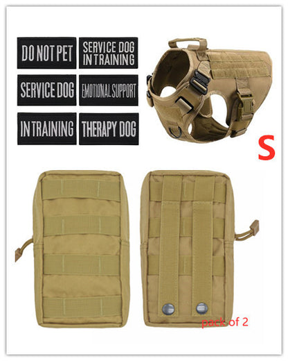 Adjustable pets herness from paetown store with patches and tactical equipment.